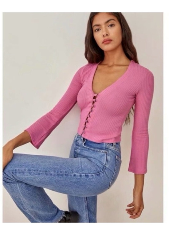 Reformation Sweaters - Reformation Gellar Ribbed Knit Crop long sleeve cardigan bright Pink size medium